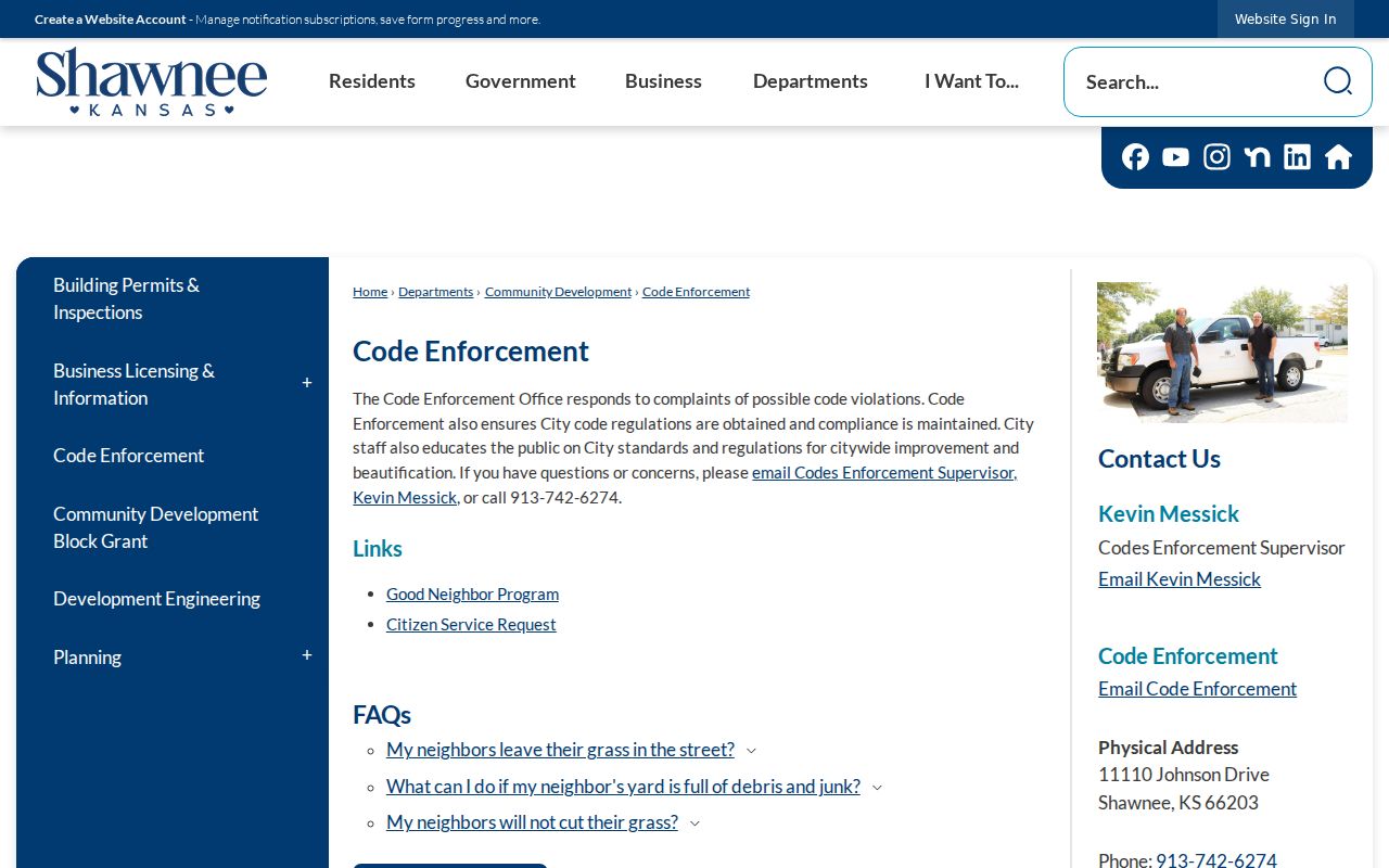 Shawnee code enforcement contact route for city directory property context