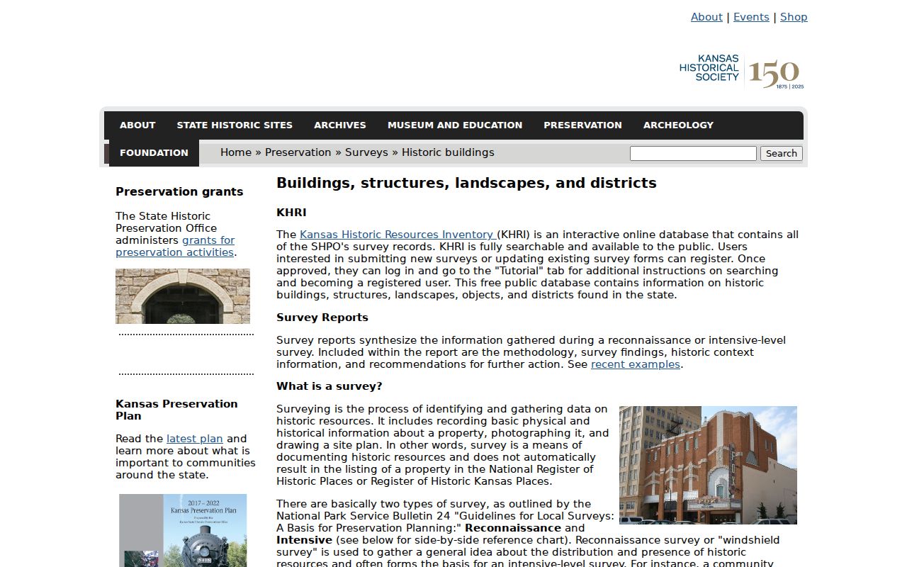 Kansas Historic Resources Inventory for buildings and districts near Shawnee blocks