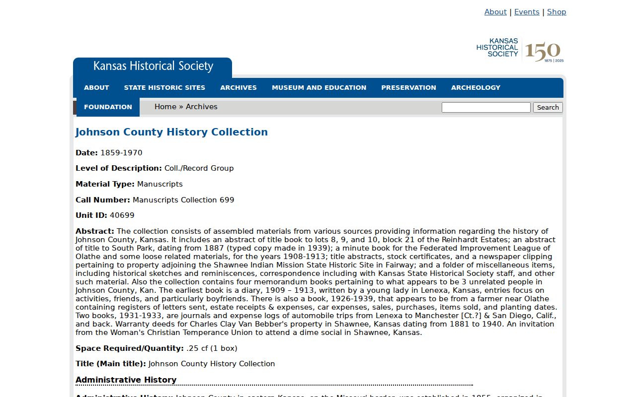 Kansas Historical Society Johnson County archive page for Shawnee deeds and title abstracts