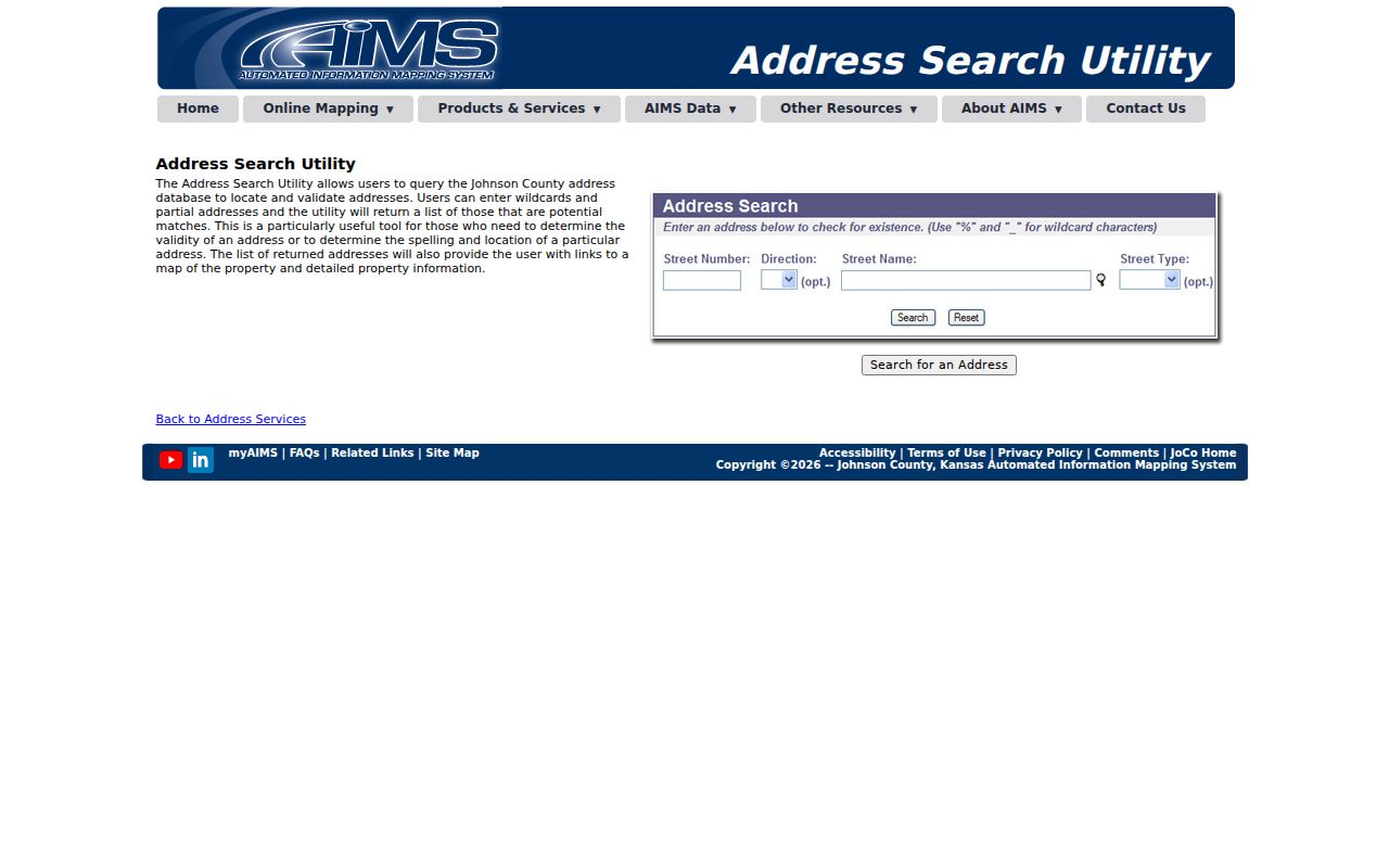 Johnson County AIMS address search used for a Shawnee street directory lookup