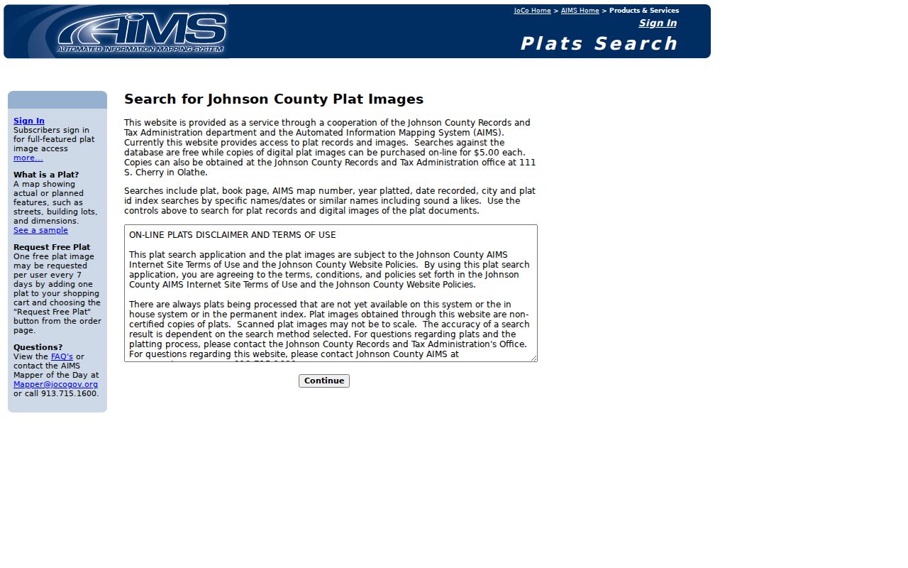 AIMS plat search fields for Shawnee streets and subdivisions