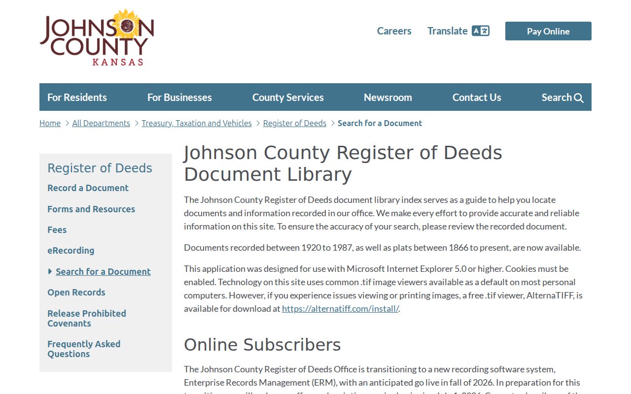 Johnson County Register of Deeds index guide for Shawnee street records